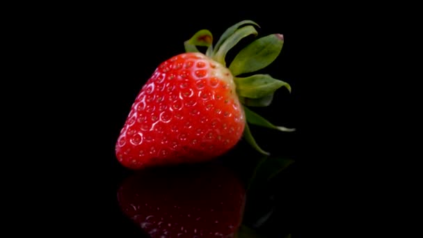 Strawberry Rotating Black Background Close View Fresh Organic Vibrant Red — Stock Video