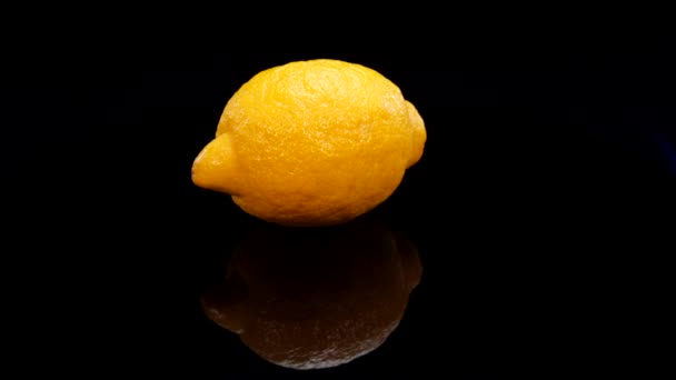 黄色のレモンは黒い背景で回転します 4Kの新鮮で完璧な有機的な鮮やかな黄色のレモン — ストック動画