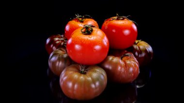 Siyah arka planda dönen farklı domatesler. Taze ve sert domates 4K. Restoran, market ya da tarım tanıtımı..