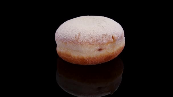 Donut Powdered Sugar Filling Rotating Black Background Sweet Doughnut Isolated — Stock Video