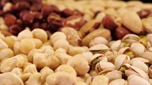 Different Nuts Rotating Close Organic Ecological Macadamia Cashew Almonds Hazelnuts — Stock Video