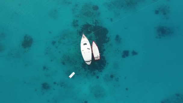 Вид Сверху Воздуха Яхту Лодку Пришвартованную Посреди Бирюзовой Кристально Чистой — стоковое видео