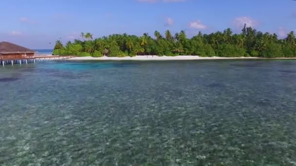 Aerial View Tropical Island Coco Palm Trees Wooden Villas White — Stock Video