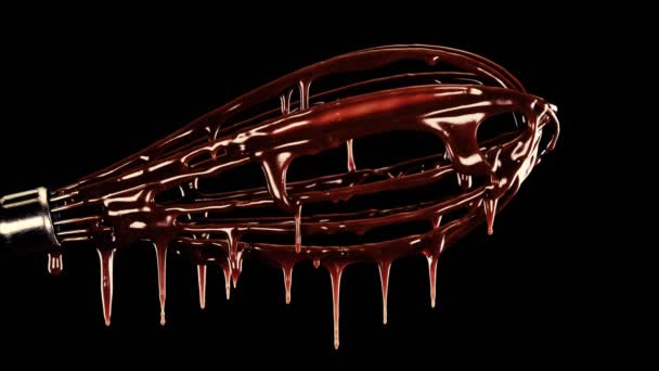 Melted Chocolate Flows Whisk Melted Dark Premium Chocolate Brown Background — Stock Video