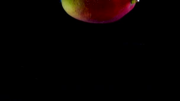 Mango falling and splashing into water on black background, slow motion footage. Juicy fresh summer fruits.