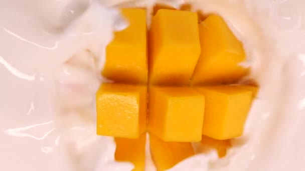 Éclaboussures Lait Tombant Sur Mangue Fraîche Ralenti Fruits Exotiques Juteux — Video