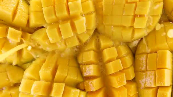 マンゴーキューブに新鮮なマンゴージュースを振りかけた 鮮やかなエキゾチックな果物や水のスプラッシュ — ストック動画