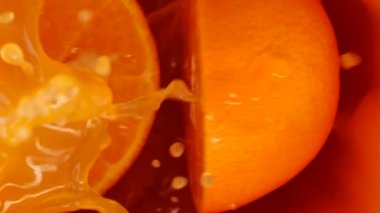 Portakal suyu dökülür ve portakal suyuna karışır ve ikiye bölünür. Taze, yaz portakalları..