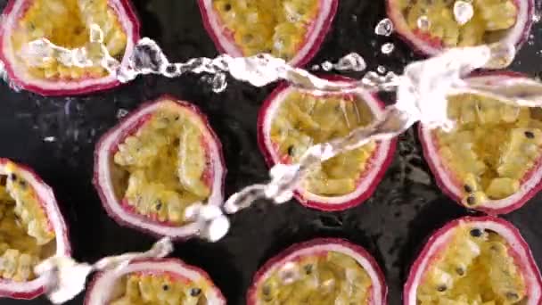 Water Splash Falling Fresh Passion Fruit Slices Slow Motion Juicy — Stock Video