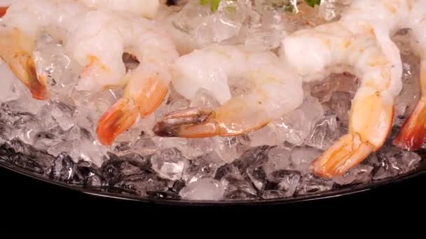 氷の上の船 砕いた氷の上にエビの完全なプレート 地中海料理の原料として新鮮で健康的な魚介類 魚市場またはレストラン — ストック動画