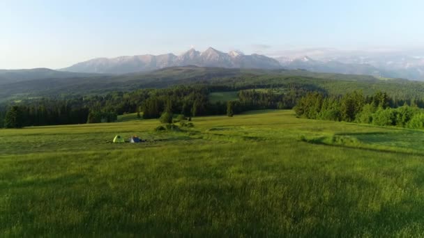 Camp Mountains Sunrise Aerial View Two Tents Middle Meadow High — Stock Video