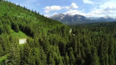 Büyük ve güzel dağ sırasının ve nehir akışının havadan panoramik manzarası. Dağlara ve kayalık dereye giden yolun sinematik drone görüntüsü. Alp görünümü.