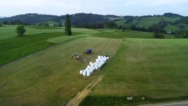 Luchtfoto Van Hooivorming Machines Tractoren Voor Landbouwpersen Velden Met Hooibergen — Stockvideo