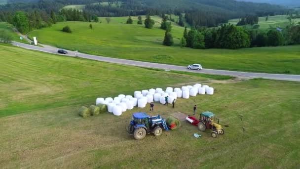 Légi Felvétel Szénakazalról Mezőgazdasági Bálázó Gép Traktor Földművesek Dolgoznak Termésben — Stock videók