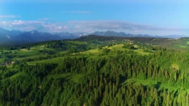 Yazın yüksek dağlardan oluşan geniş bir hava manzarası. Dağlardaki cennet ve bozulmamış manzaranın renkli panoramik manzarası. Alp manzaralı yemyeşil flora