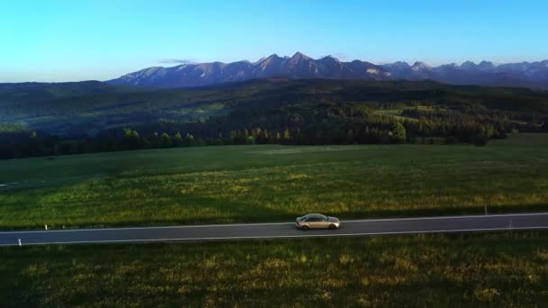 Aerial View Mountain Road Luxury Sedan Driving Empty Road Background — Stock Video