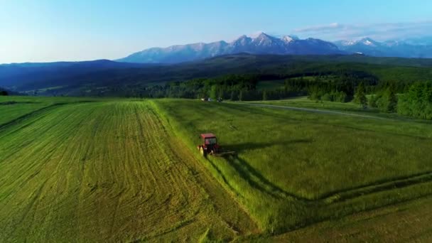 背景に美しい高いタトラ山脈 空中ビューで草を干し草トラクター 山の村でヘイキング 収穫中のトラクター 生態農業 息をのむような高山の景色 — ストック動画