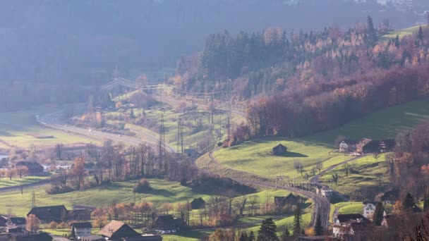 Time Lapse Motion Vista Panorâmica Campo Com Ferrovia Rodovia Lago — Vídeo de Stock