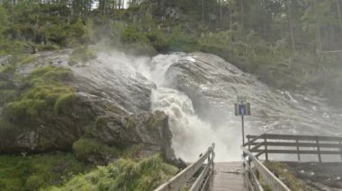 Dağlarda şelale. Ormandaki kayaların arasından akan su. Doğada hızlı akan hızlı dağ nehri. Suyun gücü. Nehir güçlü sularla dolup taşar. Simmenfall şelaleleri. - Simgesel. Bernese Oberland. Canton Bern. İsviçre.