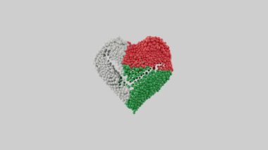 Madagaskar Ulusal Günü. 26 Haziran. Bağımsızlık Günü. Alfa mat ile kalp animasyonu. Parlak kürelerden yapılmış kalp şekli animasyon. 3B görüntüleme.