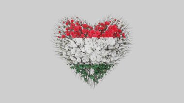 Macaristan Ulusal Günü. 15 Mart. Devrim ve Bağımsızlık Günü. Beyaz arka plandaki çiçeklerden yapılmış kalp şekli. 3B görüntüleme.