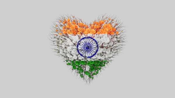 印度国庆节 八月十五日独立日 心形由白色背景的花朵制成 3D渲染 — 图库照片