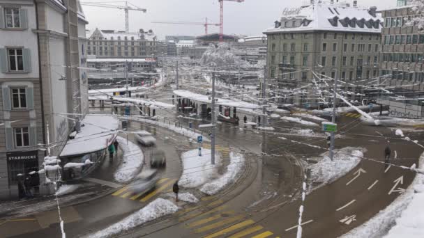 Časová Náročnost Tramvajové Dopravy Provoz Městě Během Zimy Město Pokryté — Stock video