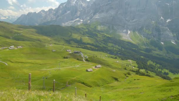 Повітряний Вид Timelapse Лузі Швейцарських Альпах Кабельний Автомобіль Працює Влітку — стокове відео