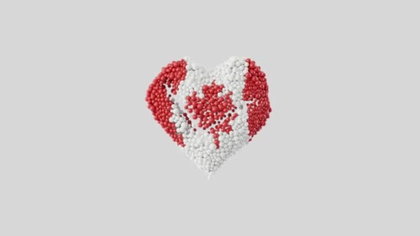 加拿大国庆节 加拿大日 7月1日心脏动画与阿尔法马特 心形由闪亮的球体动画制成 3D渲染 — 图库视频影像