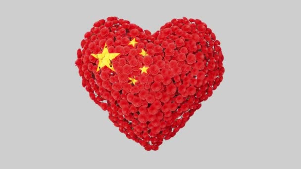 中国国庆节 10月1日心脏动画与阿尔法马特 心形的花 3D渲染 — 图库视频影像