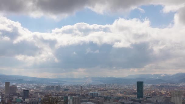 Timelapse Panoramic View City Fast Moving Clouds Sunrays Zurich Switzerland — Stock Video