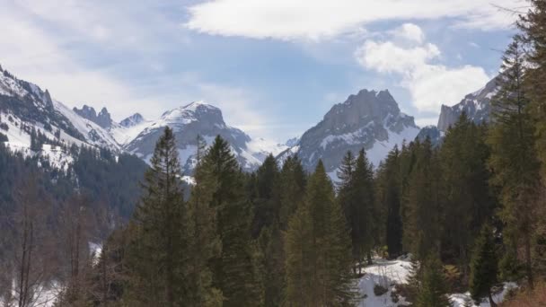 Timelapse Σύννεφα Περνώντας Χιονισμένες Βουνοκορφές Άποψη Για Furgglenfirst Canton Appenzell — Αρχείο Βίντεο