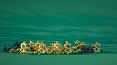 Şişirilmiş dolar balonları uçup gidiyor. Dolar işareti şeklinde siyah ve altın balonlar. 3B görüntüleme.