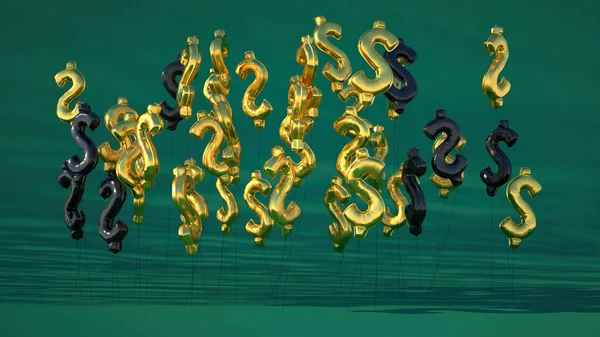 Inflated Dollar balloons flying away animation. Black and Gold balloons shaped as dollar sign. 3D rendering.