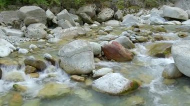 Taşların etrafında akan su. Dağlarda bir dere. İsviçre.
