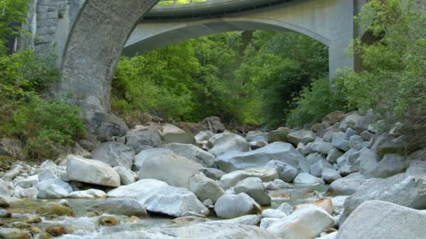 Víz Folyik Kövek Körül Híd Alatt Patak Hegyekben Svájc — Stock videók
