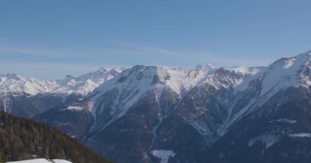 全景相机转 从空中俯瞰瑞士阿尔卑斯山 冬季山地景观 从Bettmeralp的视图 Aletsch竞技场 瓦莱州 — 图库视频影像