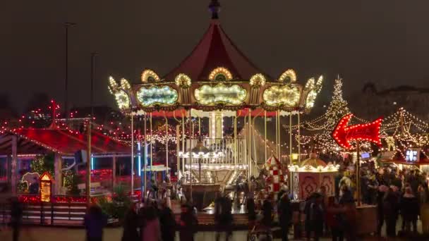 Carrousel Timelapse Sur Marché Noël Nuit Illumination Nocturne Veille Noël — Video