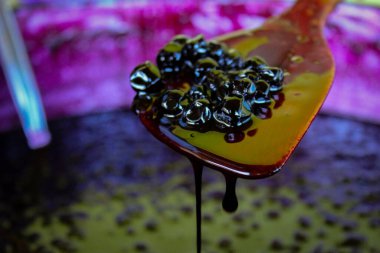 Boğaz böğürtleni reçeli pişirmek için tahta kaşıkta böğürtlen. Zavidovici, Bosna-Hersek.