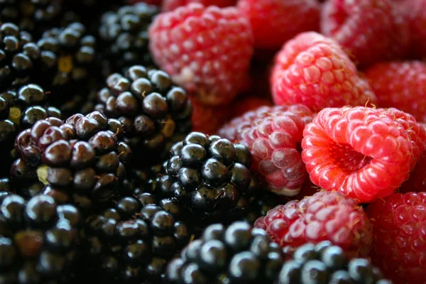 Moras Frescas Frambuesas Moras Frambuesas Las Moras Las Frambuesas Cierran — Foto de Stock