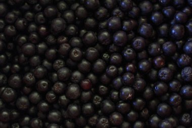 Yaban mersini. Aronia çilekleri. Boğaz üzümü, aronya arkaplan meyvesi. Meyveler. Çilek. Taze toplanmış meyveler. Aronia melanocarpa ya da böğürtlen arkaplanı. Kapatın. Makro.