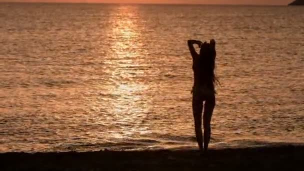 Silueta femenina en la playa — Vídeos de Stock