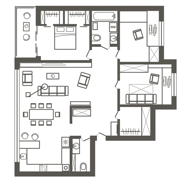 Plano arquitectónico lineal de apartamento de tres dormitorios — Vector de stock