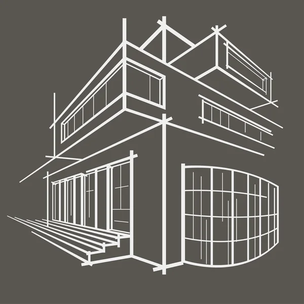 Dibujo lineal arquitectónico moderno edificio gris fondo — Vector de stock