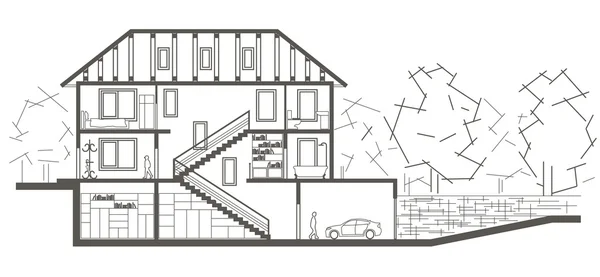 建築の直線スケッチ レベル ツリーハウス。断面図面 — ストックベクタ