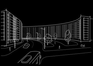 Doğrusal mimari kroki Şehir Meydanı siyah arka plan üzerine