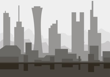 Mimari kroki siluet soyut şehir manzarası ile gökdelenler tek renkli