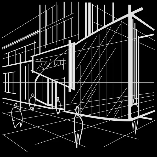 建築の直線スケッチ モダンな建物、黒い背景に通りのフラグメント — ストックベクタ