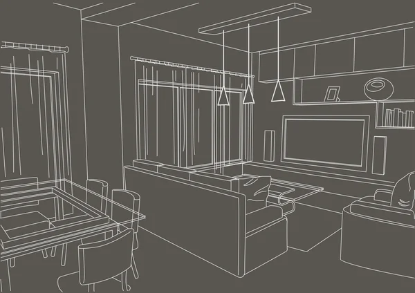 Estudio lineal de la sala de estar del boceto arquitectónico sobre fondo gris — Archivo Imágenes Vectoriales