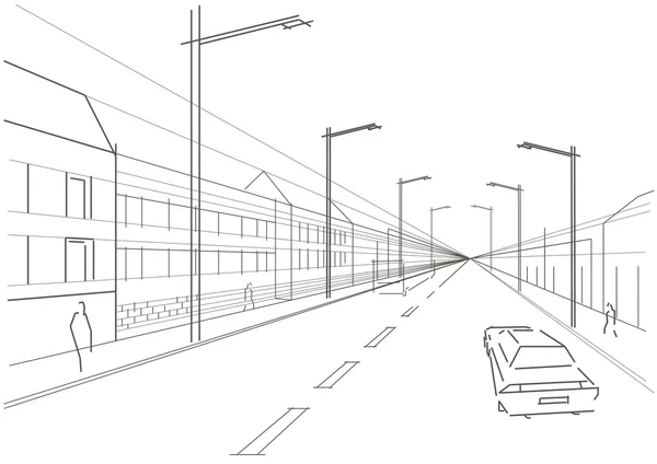 Lineare architektonische Skizze Stadtstraße — Stockvektor